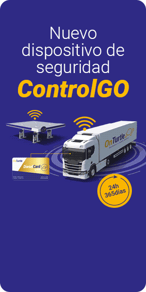Promoción de OnTurtle: camión, tarjeta, dispositivo y sistema de seguridad «ControlGO» — Cartel A en español sobre fondo azul.