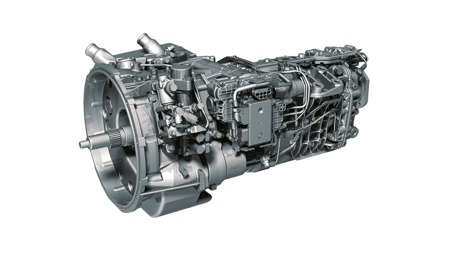 En un fondo blanco se muestra una vista detallada de un complejo sistema de transmisión automovilística Powerliner, diseñado para los camiones Mercedes-Benz con componentes diésel integrados.