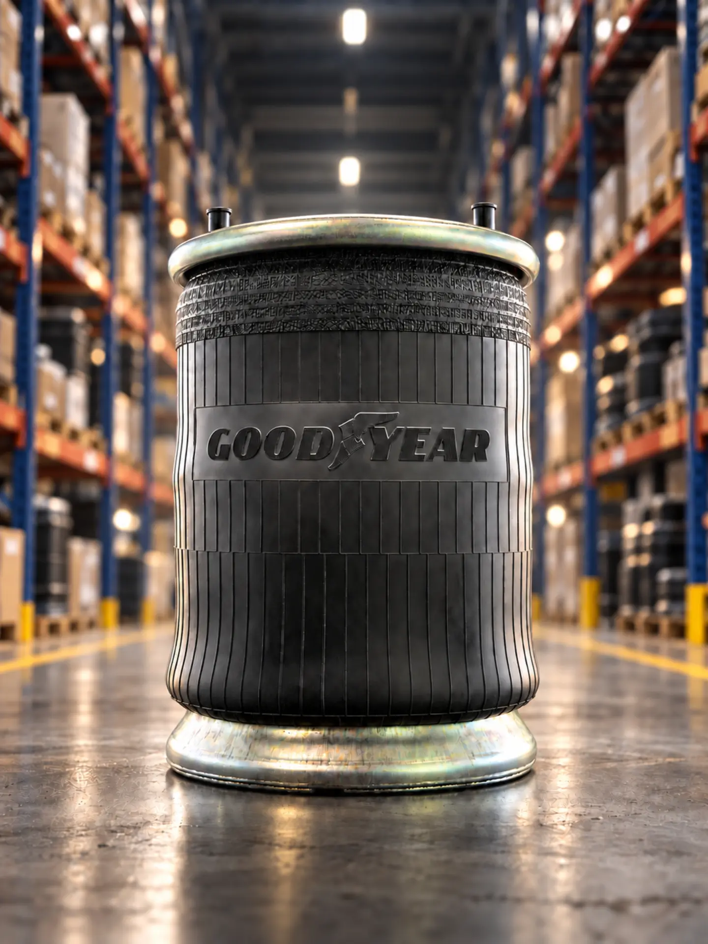 Un resorte neumático de Goodyear yace en el suelo de un almacén, con estanterías llenas de cajas y un borrador automático visibles al fondo.