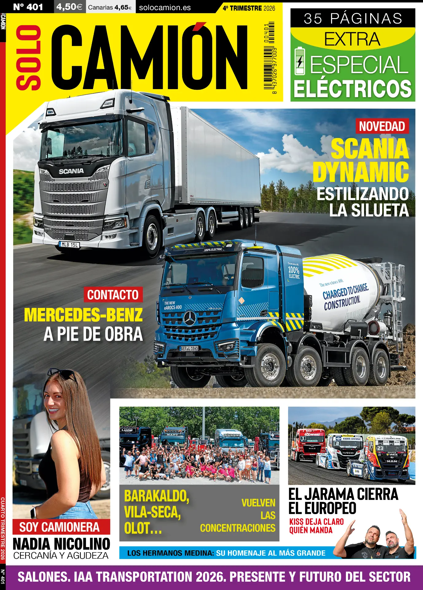 Portada de «Solo Camión 401» en la que aparecen un camión Scania, una hormigonera Mercedes-Benz y noticias.